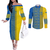 Ukrainian Flag Colors Couples Matching Off The Shoulder Long Sleeve Dress and Long Sleeve Button Shirt with Trident Crest and Traditional Folk Pattern