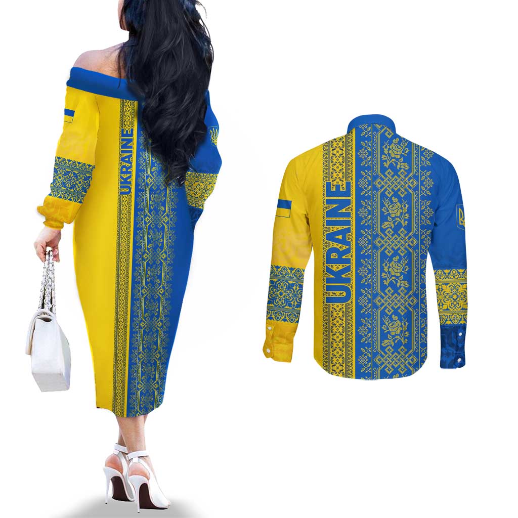 Ukrainian Flag Colors Couples Matching Off The Shoulder Long Sleeve Dress and Long Sleeve Button Shirt with Trident Crest and Traditional Folk Pattern