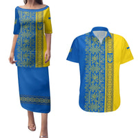 Ukrainian Flag Colors Couples Matching Puletasi and Hawaiian Shirt with Trident Crest and Traditional Folk Pattern