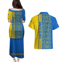 Ukrainian Flag Colors Couples Matching Puletasi and Hawaiian Shirt with Trident Crest and Traditional Folk Pattern