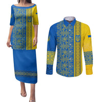 Ukrainian Flag Colors Couples Matching Puletasi and Long Sleeve Button Shirt with Trident Crest and Traditional Folk Pattern