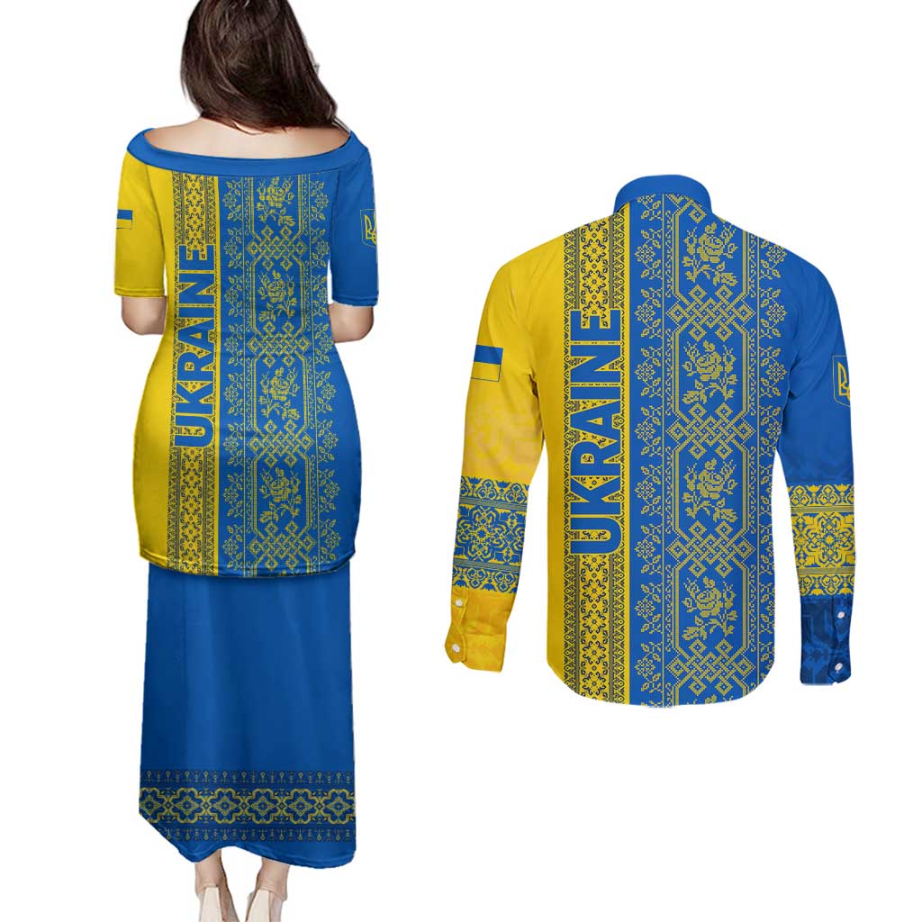 Ukrainian Flag Colors Couples Matching Puletasi and Long Sleeve Button Shirt with Trident Crest and Traditional Folk Pattern