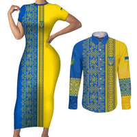 Ukrainian Flag Colors Couples Matching Short Sleeve Bodycon Dress and Long Sleeve Button Shirt with Trident Crest and Traditional Folk Pattern
