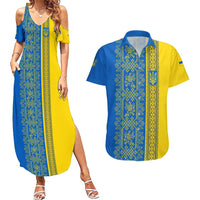 Ukrainian Flag Colors Couples Matching Summer Maxi Dress and Hawaiian Shirt with Trident Crest and Traditional Folk Pattern