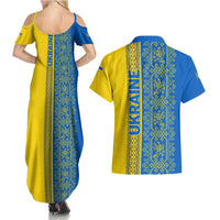 Ukrainian Flag Colors Couples Matching Summer Maxi Dress and Hawaiian Shirt with Trident Crest and Traditional Folk Pattern
