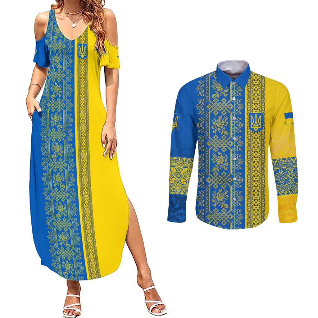 Ukrainian Flag Colors Couples Matching Summer Maxi Dress and Long Sleeve Button Shirt with Trident Crest and Traditional Folk Pattern