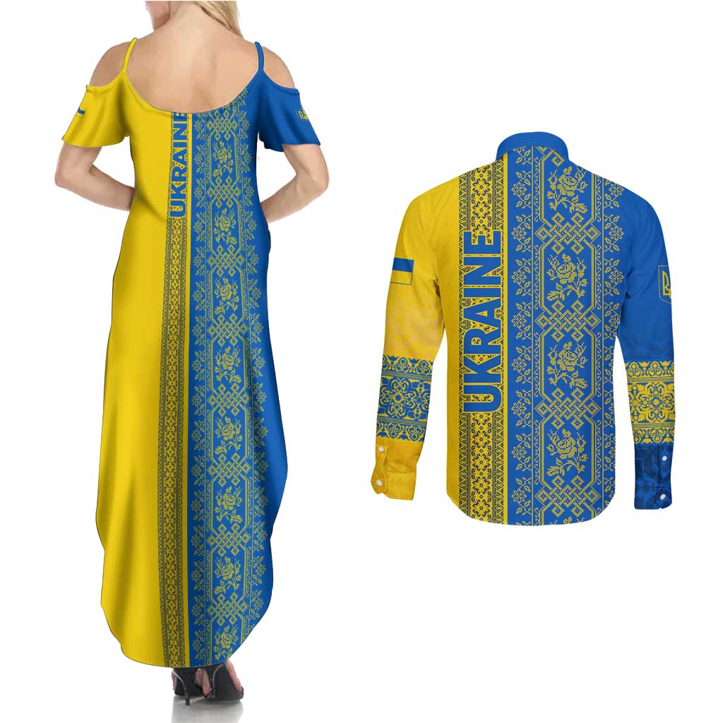 Ukrainian Flag Colors Couples Matching Summer Maxi Dress and Long Sleeve Button Shirt with Trident Crest and Traditional Folk Pattern