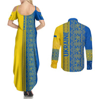 Ukrainian Flag Colors Couples Matching Summer Maxi Dress and Long Sleeve Button Shirt with Trident Crest and Traditional Folk Pattern