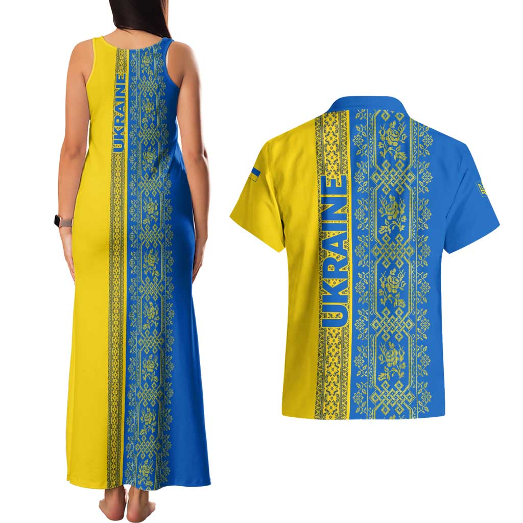 Ukrainian Flag Colors Couples Matching Tank Maxi Dress and Hawaiian Shirt with Trident Crest and Traditional Folk Pattern