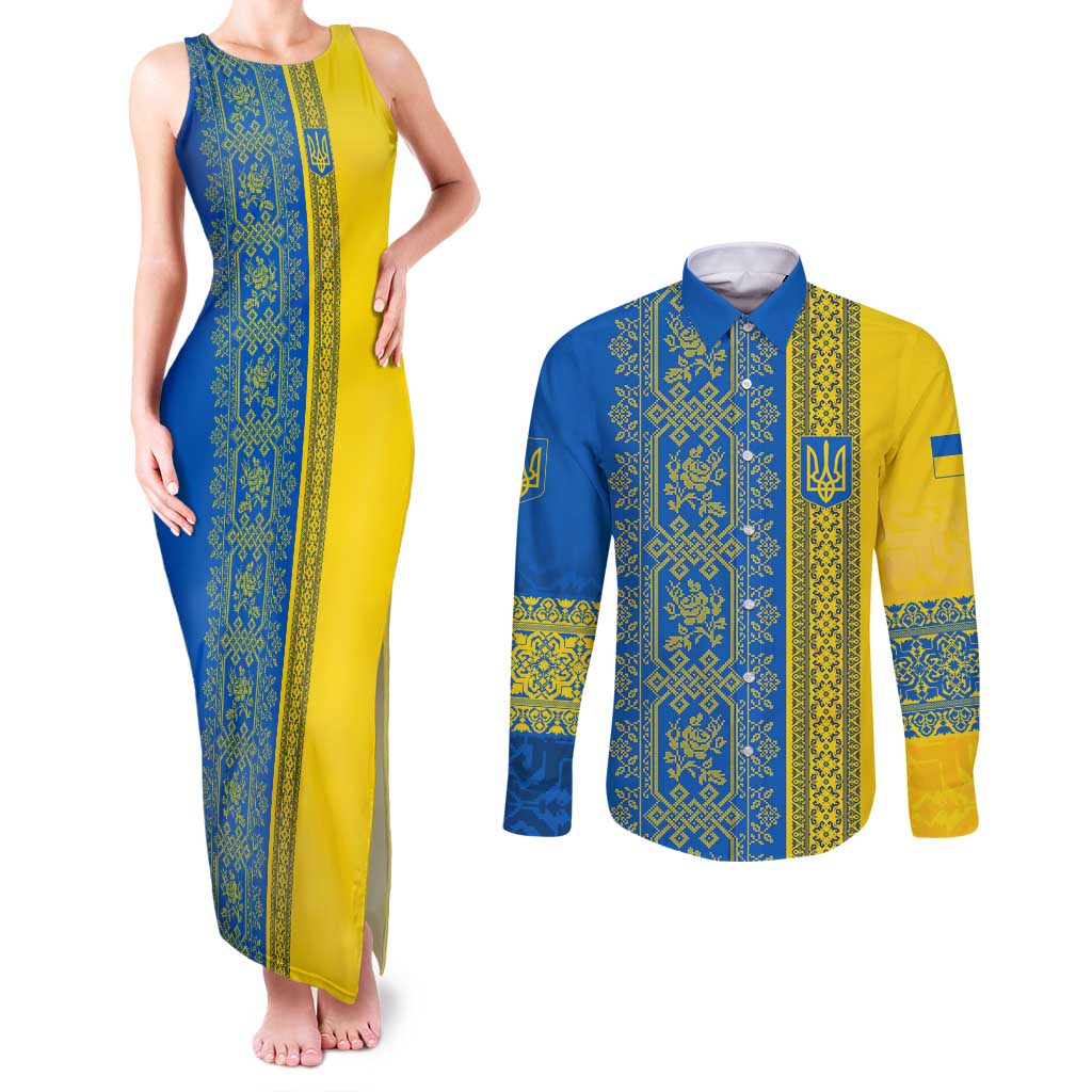 Ukrainian Flag Colors Couples Matching Tank Maxi Dress and Long Sleeve Button Shirt with Trident Crest and Traditional Folk Pattern