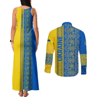 Ukrainian Flag Colors Couples Matching Tank Maxi Dress and Long Sleeve Button Shirt with Trident Crest and Traditional Folk Pattern