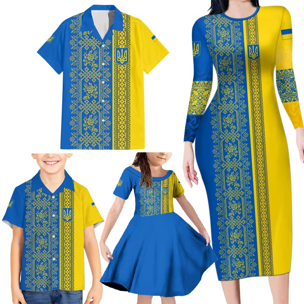 Ukrainian Flag Colors Family Matching Long Sleeve Bodycon Dress and Hawaiian Shirt with Trident Crest and Traditional Folk Pattern