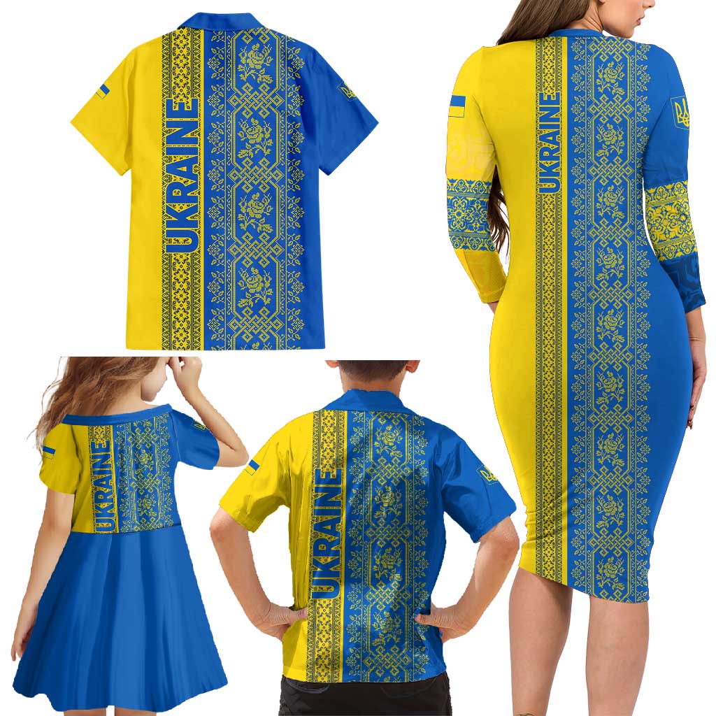 Ukrainian Flag Colors Family Matching Long Sleeve Bodycon Dress and Hawaiian Shirt with Trident Crest and Traditional Folk Pattern