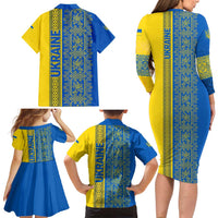 Ukrainian Flag Colors Family Matching Long Sleeve Bodycon Dress and Hawaiian Shirt with Trident Crest and Traditional Folk Pattern