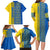 Ukrainian Flag Colors Family Matching Long Sleeve Bodycon Dress and Hawaiian Shirt with Trident Crest and Traditional Folk Pattern