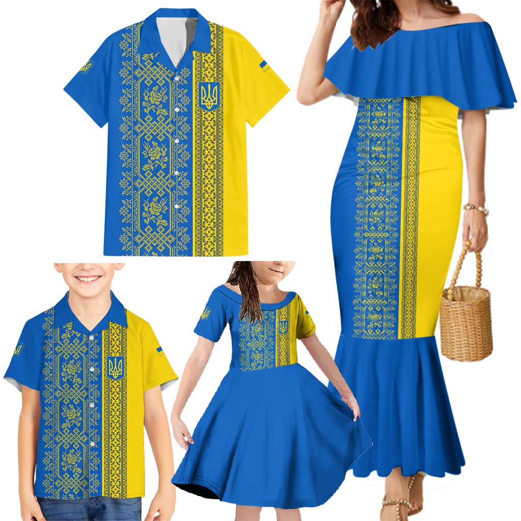 Ukrainian Flag Colors Family Matching Mermaid Dress and Hawaiian Shirt with Trident Crest and Traditional Folk Pattern