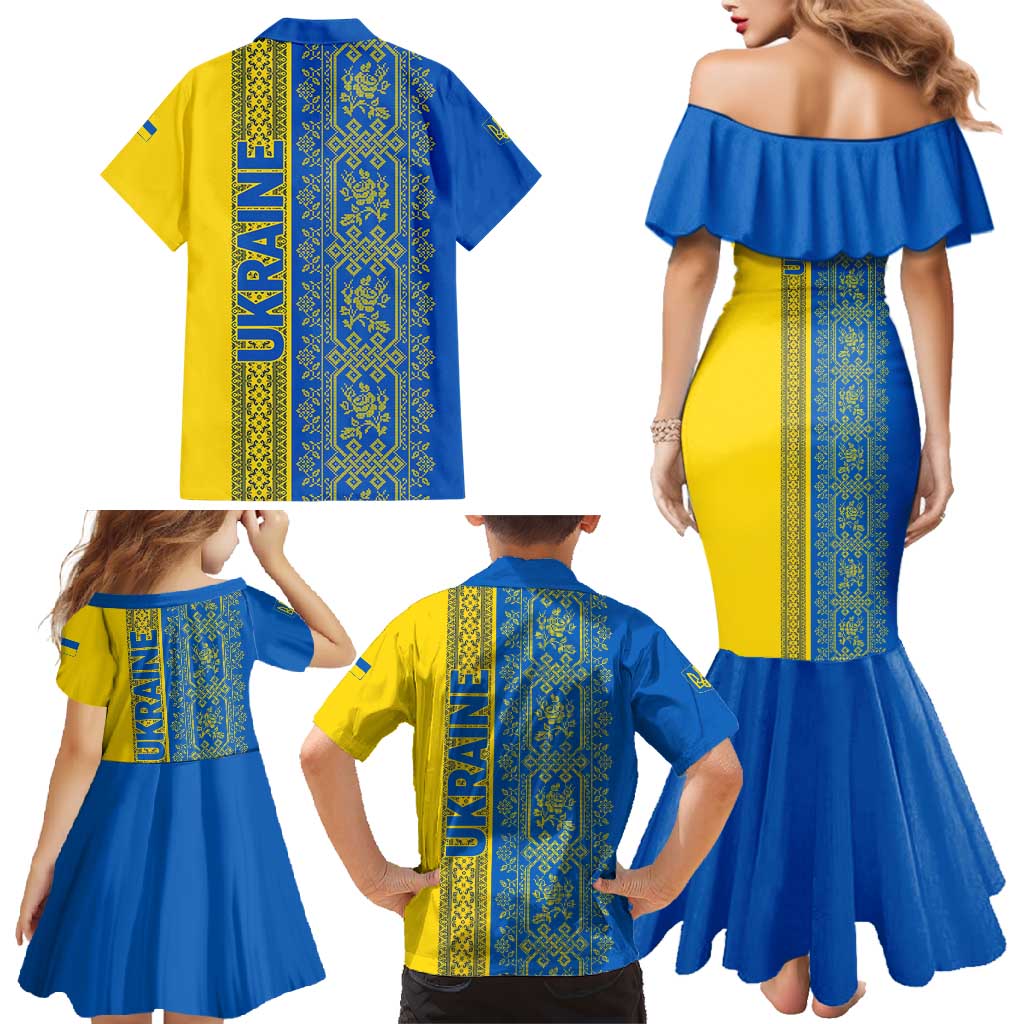 Ukrainian Flag Colors Family Matching Mermaid Dress and Hawaiian Shirt with Trident Crest and Traditional Folk Pattern