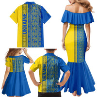 Ukrainian Flag Colors Family Matching Mermaid Dress and Hawaiian Shirt with Trident Crest and Traditional Folk Pattern