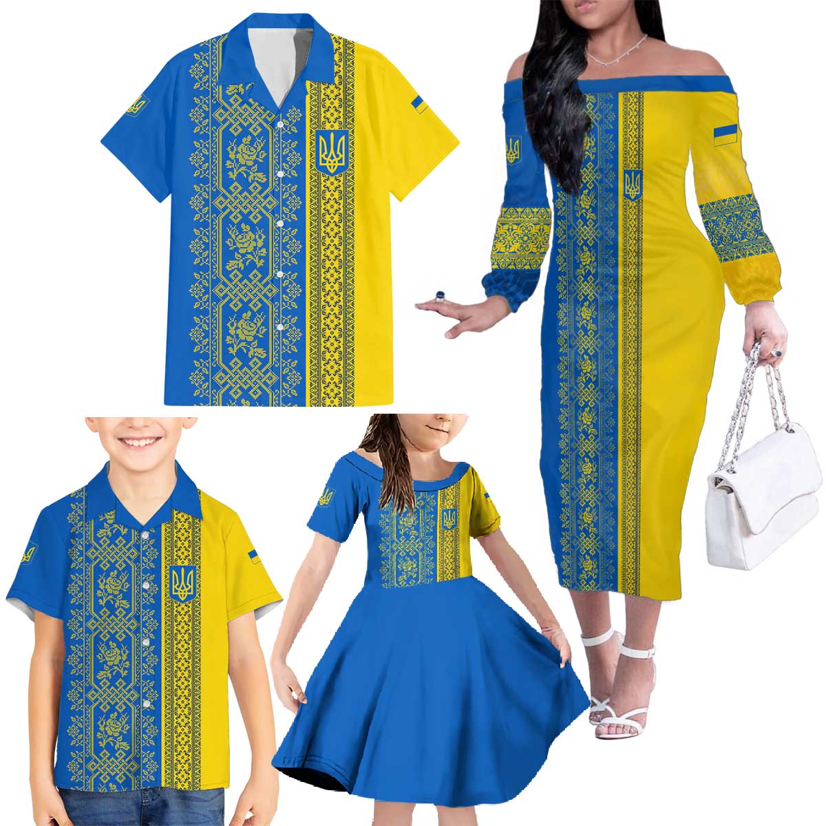 Ukrainian Flag Colors Family Matching Off The Shoulder Long Sleeve Dress and Hawaiian Shirt with Trident Crest and Traditional Folk Pattern