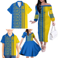 Ukrainian Flag Colors Family Matching Off The Shoulder Long Sleeve Dress and Hawaiian Shirt with Trident Crest and Traditional Folk Pattern