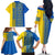 Ukrainian Flag Colors Family Matching Off The Shoulder Long Sleeve Dress and Hawaiian Shirt with Trident Crest and Traditional Folk Pattern