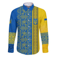 Ukrainian Flag Colors Family Matching Off The Shoulder Long Sleeve Dress and Hawaiian Shirt with Trident Crest and Traditional Folk Pattern