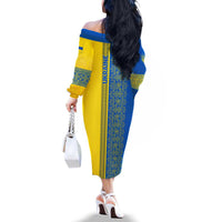 Ukrainian Flag Colors Family Matching Off The Shoulder Long Sleeve Dress and Hawaiian Shirt with Trident Crest and Traditional Folk Pattern