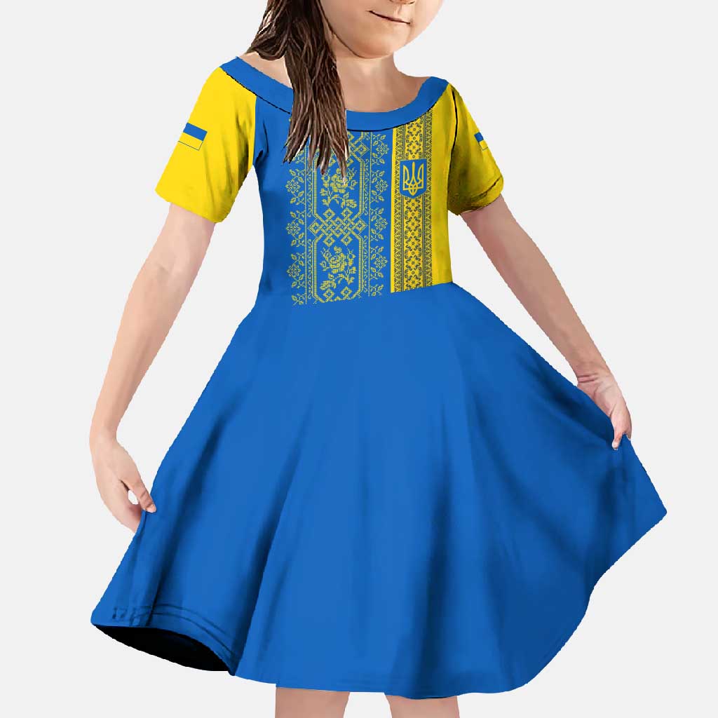 Ukrainian Flag Colors Family Matching Off Shoulder Maxi Dress and Hawaiian Shirt with Trident Crest and Traditional Folk Pattern