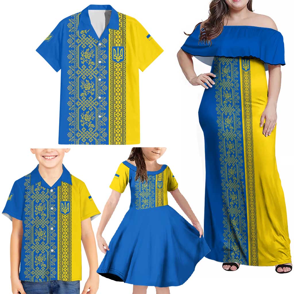 Ukrainian Flag Colors Family Matching Off Shoulder Maxi Dress and Hawaiian Shirt with Trident Crest and Traditional Folk Pattern