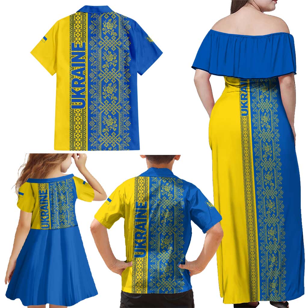 Ukrainian Flag Colors Family Matching Off Shoulder Maxi Dress and Hawaiian Shirt with Trident Crest and Traditional Folk Pattern