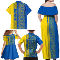 Ukrainian Flag Colors Family Matching Off Shoulder Maxi Dress and Hawaiian Shirt with Trident Crest and Traditional Folk Pattern