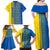 Ukrainian Flag Colors Family Matching Off Shoulder Maxi Dress and Hawaiian Shirt with Trident Crest and Traditional Folk Pattern