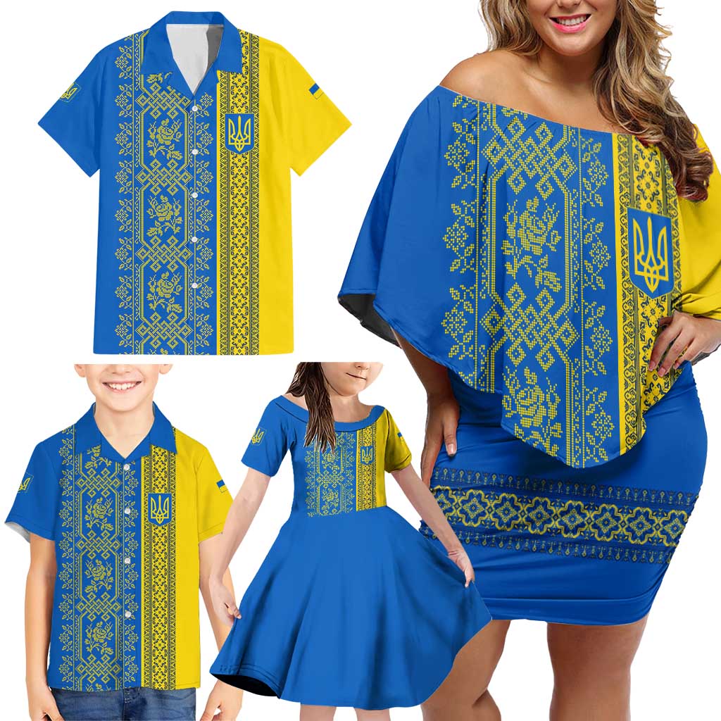 Ukrainian Flag Colors Family Matching Off Shoulder Short Dress and Hawaiian Shirt with Trident Crest and Traditional Folk Pattern