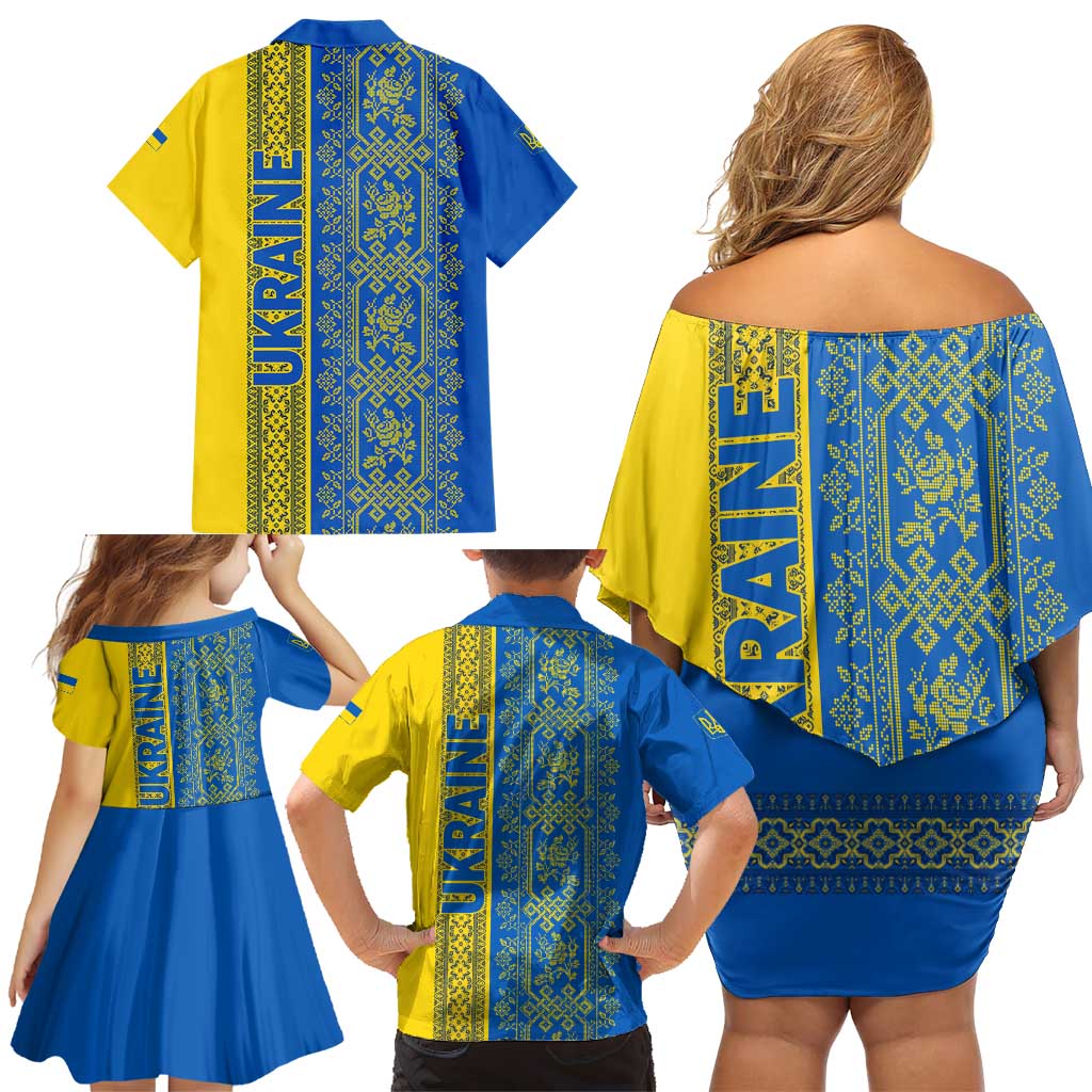 Ukrainian Flag Colors Family Matching Off Shoulder Short Dress and Hawaiian Shirt with Trident Crest and Traditional Folk Pattern