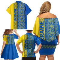 Ukrainian Flag Colors Family Matching Off Shoulder Short Dress and Hawaiian Shirt with Trident Crest and Traditional Folk Pattern