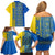 Ukrainian Flag Colors Family Matching Off Shoulder Short Dress and Hawaiian Shirt with Trident Crest and Traditional Folk Pattern