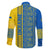 Ukrainian Flag Colors Family Matching Off Shoulder Short Dress and Hawaiian Shirt with Trident Crest and Traditional Folk Pattern