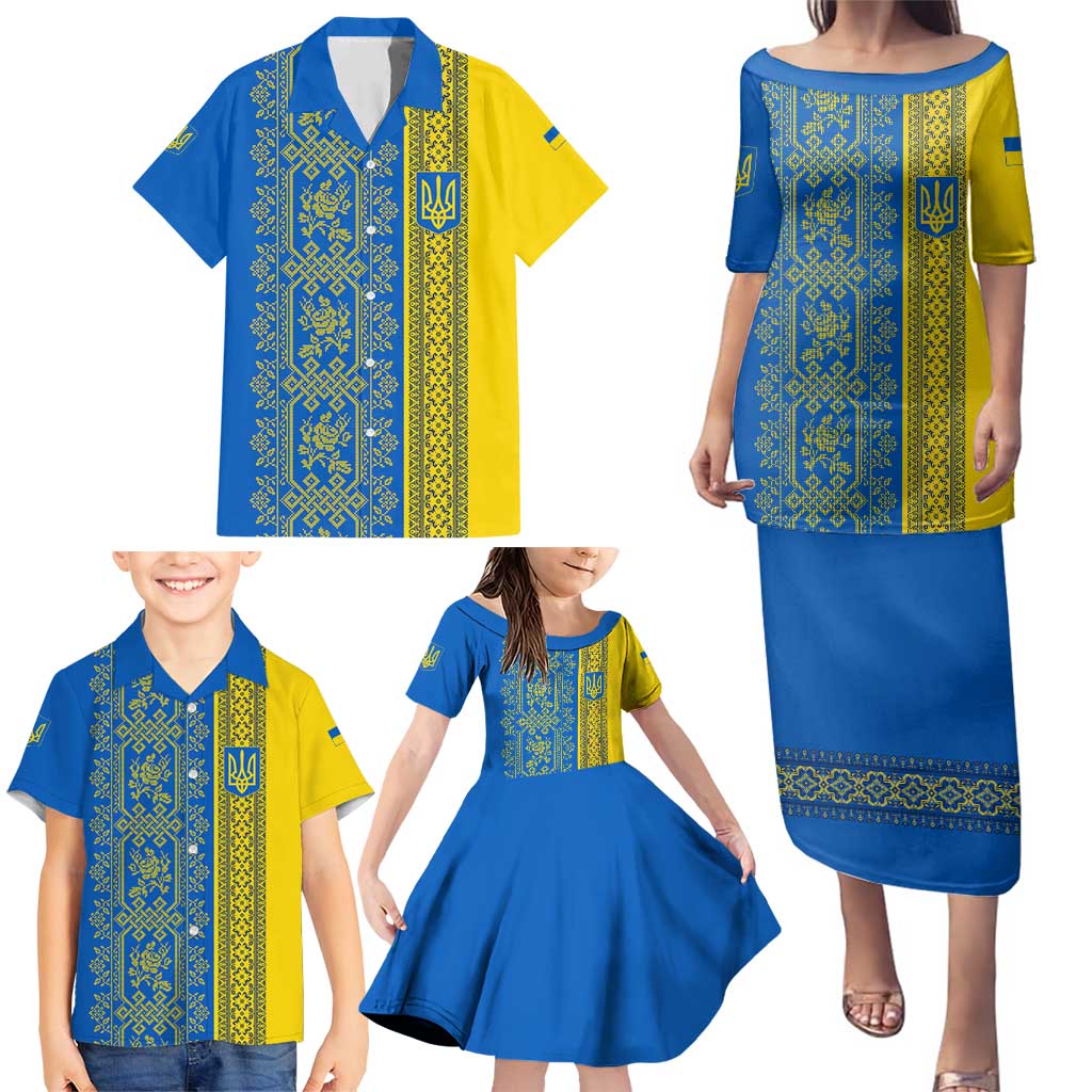 Ukrainian Flag Colors Family Matching Puletasi and Hawaiian Shirt with Trident Crest and Traditional Folk Pattern