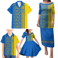 Ukrainian Flag Colors Family Matching Puletasi and Hawaiian Shirt with Trident Crest and Traditional Folk Pattern