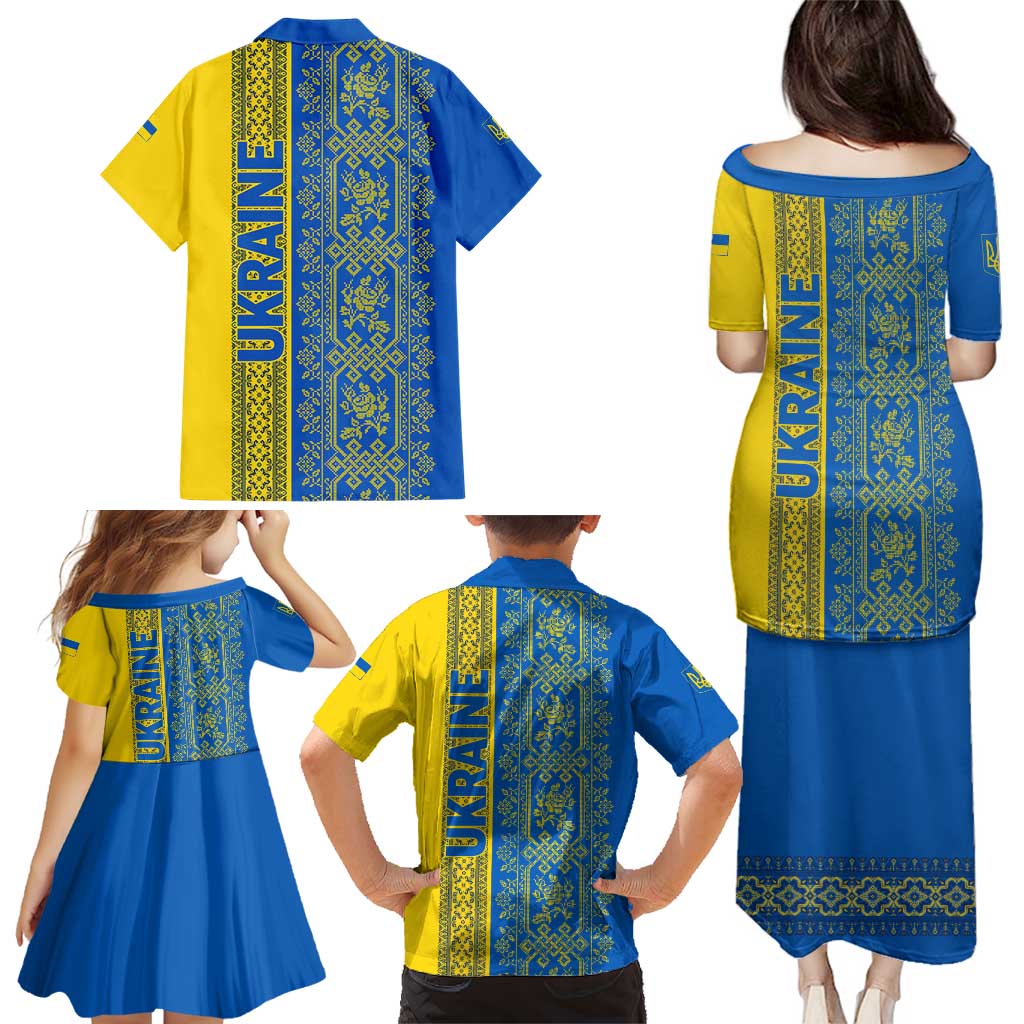 Ukrainian Flag Colors Family Matching Puletasi and Hawaiian Shirt with Trident Crest and Traditional Folk Pattern