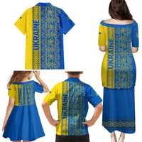 Ukrainian Flag Colors Family Matching Puletasi and Hawaiian Shirt with Trident Crest and Traditional Folk Pattern