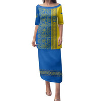 Ukrainian Flag Colors Family Matching Puletasi and Hawaiian Shirt with Trident Crest and Traditional Folk Pattern