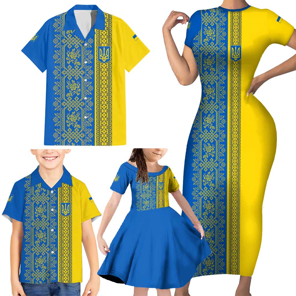 Ukrainian Flag Colors Family Matching Short Sleeve Bodycon Dress and Hawaiian Shirt with Trident Crest and Traditional Folk Pattern