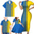 Ukrainian Flag Colors Family Matching Short Sleeve Bodycon Dress and Hawaiian Shirt with Trident Crest and Traditional Folk Pattern