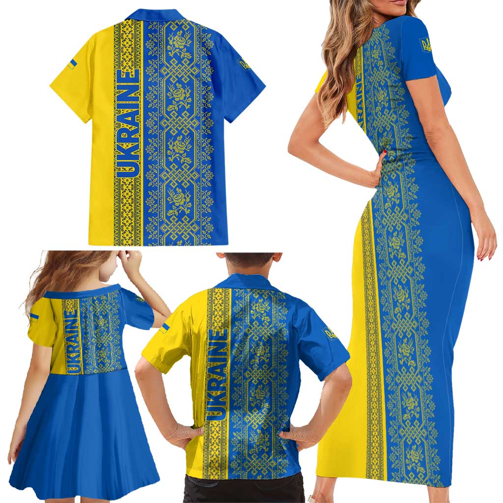 Ukrainian Flag Colors Family Matching Short Sleeve Bodycon Dress and Hawaiian Shirt with Trident Crest and Traditional Folk Pattern