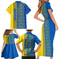 Ukrainian Flag Colors Family Matching Short Sleeve Bodycon Dress and Hawaiian Shirt with Trident Crest and Traditional Folk Pattern