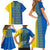 Ukrainian Flag Colors Family Matching Short Sleeve Bodycon Dress and Hawaiian Shirt with Trident Crest and Traditional Folk Pattern