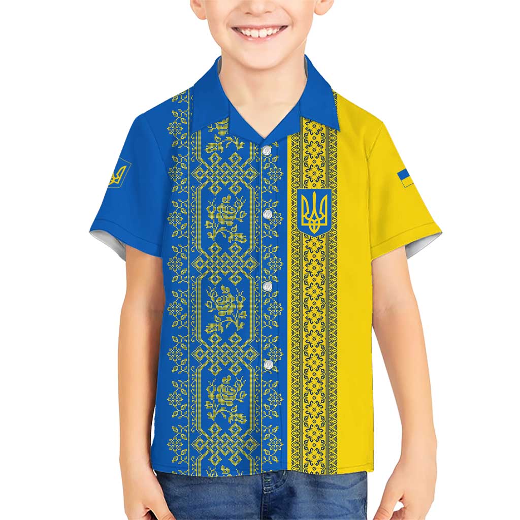 Ukrainian Flag Colors Family Matching Short Sleeve Bodycon Dress and Hawaiian Shirt with Trident Crest and Traditional Folk Pattern