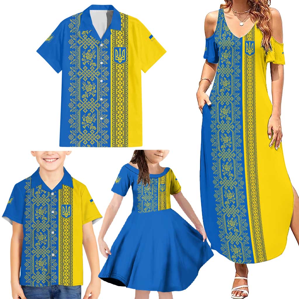 Ukrainian Flag Colors Family Matching Summer Maxi Dress and Hawaiian Shirt with Trident Crest and Traditional Folk Pattern