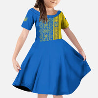 Ukrainian Flag Colors Family Matching Tank Maxi Dress and Hawaiian Shirt with Trident Crest and Traditional Folk Pattern